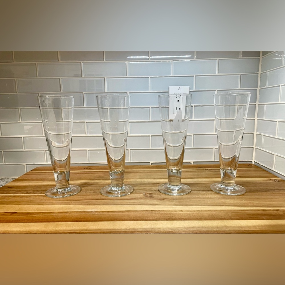 Vintage Set of 4 Nautical Flared Pilsner Glasses Etched Sailboat 9"